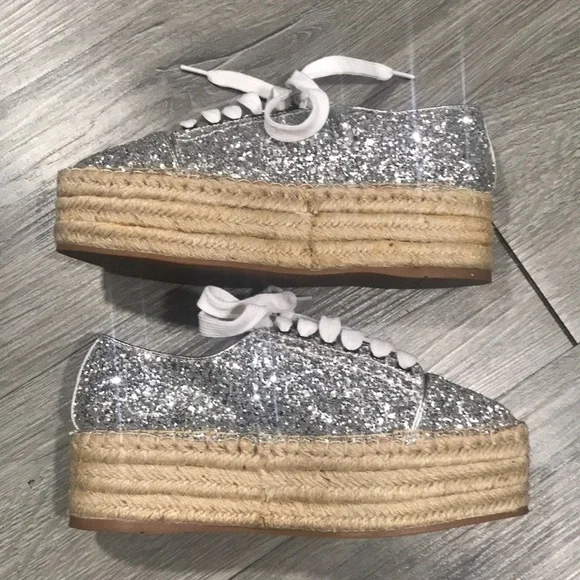Miu Miu Silver Glitter Metallic Espadrille Sneakerssize 6